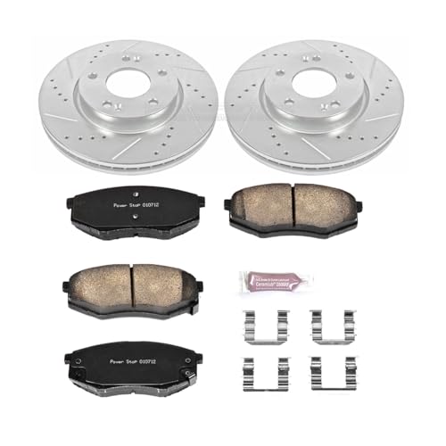Image of PowerStop Front Brake Kit for Hyundai Tucson 2010-11 | Kia Sportage 2011 - Drilled and Slotted Disc Rotors with Carbon-Fiber Ceramic Brake Pads Replacement, K5806