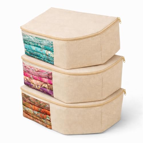Image of Pack of 3 Cotton Canvas Blouse Organizer | Sturdy Storage Covers for Saree Blouses | Wardrobe-Friendly Design - 38x25x17 cm