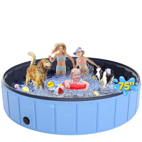 Large Foldable Dog Pool 75”x16”, EPN Heavy Duty Hard PVC Collapsible Dog Pool for Large Dogs and Kids, Leakproof Non-Slip Pet Wading & Bathing Tub with Drain, for Indoor & Outdoor Use 75"x16