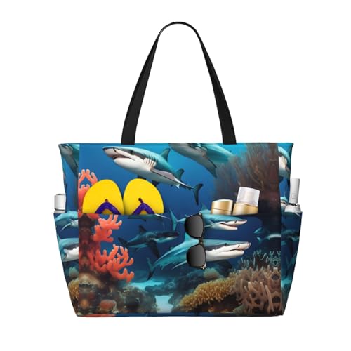 Submarine shark coral Large capacity beach bag with zipper, perfect for grocery bag pool gym travel shopping foldable beach travel bag,