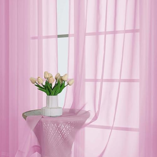 Image of OVZME Light Pink Sheer Curtains 72 Inches Long 2 Panels Set, Light Filtering Sheer Curtains for Living Room Bedroom 59 Inch Extra Wide, Modern Voile Filmy Rod Pocket Window Drapes, 59Wx72L Inches