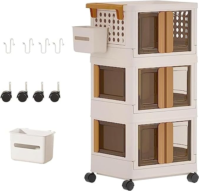 Slim Storage Cart, 4 Tier Stackable Storage Bins Organizer with Lids, 27.5Qt Dual Open Collapsible Closet Organizers, Plastic Foldable Storage Box for Home and Office(White+brown,3 PC)-m3WW1jQx