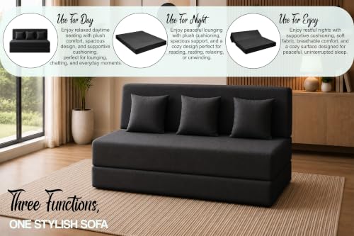 Image of Sofa Cum Bed with Jute Fabric, Convertible Three Seater Sofa Bed 5x6 Ft, Comfortable Cushioned Seating, Space Saving Design for Living Room, Bedroom & Guest Room - Black Color