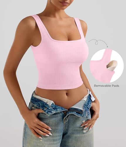 Image of OLCHEE Womens 3 Pack Crop Tank Tops Basic Seamless Ribbed Sleeveless Square Neck Workout Top Summer Exercise Yoga Gym Shirts