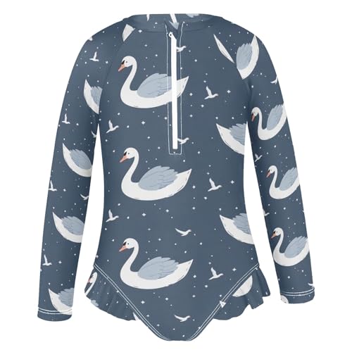 Swan Dark Background Girls Long Sleeve Swimsuit Rash Guard One Piece Bathing Suits Zipper 3-12T2