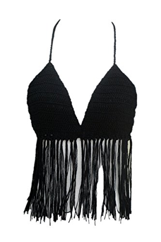 Fringe Bikini Halter Crop Top Handmade Crochet Swimsuit Summer Beachwear (M, Black)