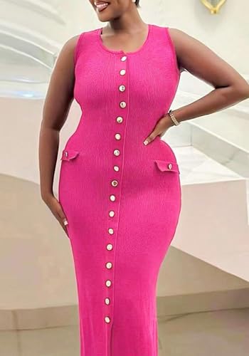Image of Famnbro Womens Elegant Dress Knit Sleeveless 2025 Summer Button Bodycon Office Work Business Casual Dresses
