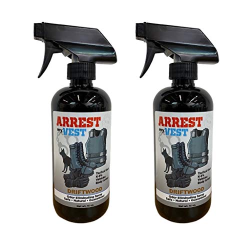 Arrest My Vest Military and Police Grade Odor Eliminating Spray for Body Armor Odor, Tactical Gear. Safe on K9's. Safe on All Ballistic Vests and Fabrics - New Driftwood Fragrance - 2 16 oz Bottles