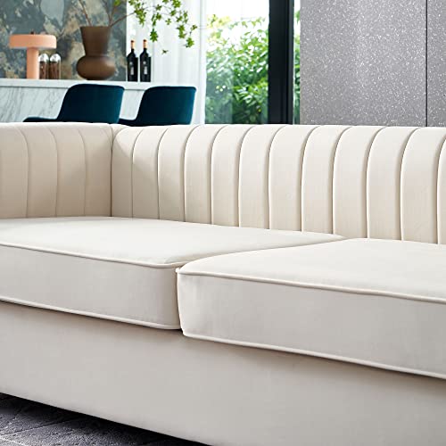 Image of KEIKI 84 inch Velvet Deep Channel Tufted Sofa with Back Cushions and Rolled Arms, Modern Style 3-Seater Couch with Golden Polished Steel Legs, Easy Assembly, for Living Room, Bedroom, Office, Beige