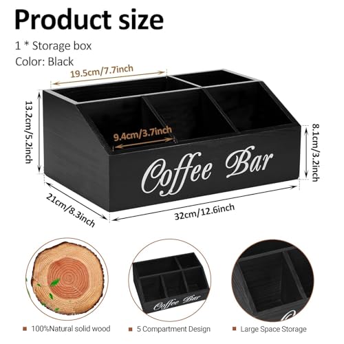 Black Wooden Coffee Station Organizer, 5 Compartment Countertop Coffee Pod Holder & Condiment Storage Basket, Multi-Functional Tea Organizer Bar Decor for Coffee Bar Accessories by DUUKFE - Image 3