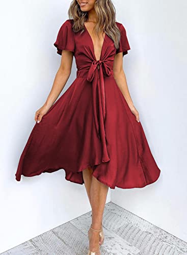 Miduo Womens Satin Dresses V Neck Ruffle Short Sleeve Tie Front High Low Midi Skater Wedding Dresses Cocktail Bridal Wedding Guest Wine Xl #TOP1