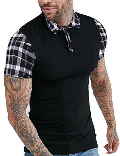COOFANDY Mens Polo Shirts Casual Short Sleeve Slim Fit Zipper Plaid Polo T Shirts,Black,X-Large