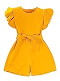 WDIRARA Girl's Flutter Cap Sleeve Crew Neck Dressy Belted Romper Cute Short Jumpsuit Yellow 11-12Y
