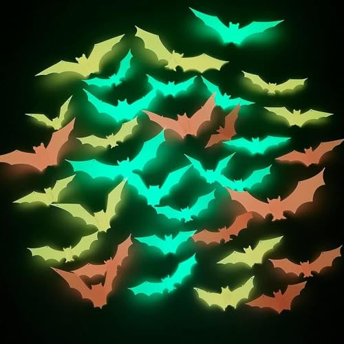 Sinekong 36 peças Halloween 3D morcego autocolante Halloween morcegos brilham no escuro PVC brilhante morcego autocolantes para decorações de parede, janela, festa de Halloween