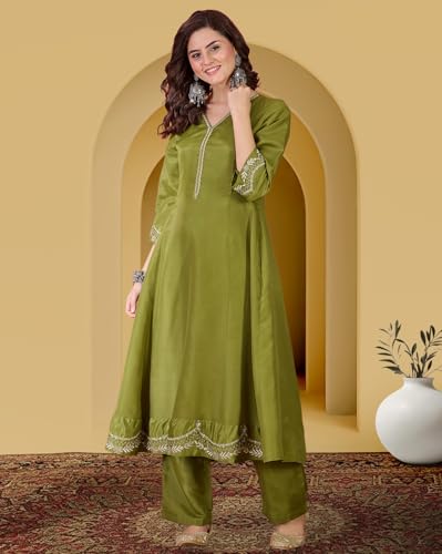 Image of Amazon Brand - Tavasya Women Vichitra Zari Sequence Embroide Kurta with Pant and Dupatta|Kurta Set|Ethnic Wear|Salwar Suit|3 Piece Set