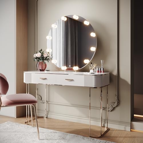 SIRHONA Specchio trucco rotondo 80 cm luminoso – 12 LED lampade, 3 colori LED, dimmerabile con memoria, presa incorporata, specchio da tavolo circolare, installazione da parete/tavolo