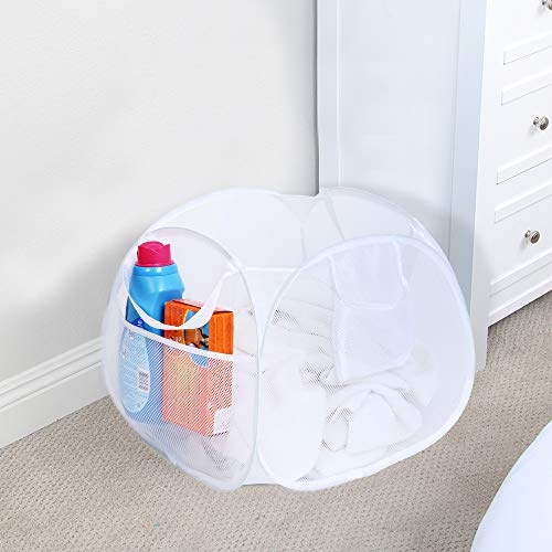 Smart Design Deluxe Mesh Pop Up Square Laundry Basket Hamper W/ Side Pockets & Handles - Durable Fabric Collapsible Design - For Clothes & Laundry - Home - (Holds 2 Loads) (17 X 14 Inch) [White] #TOP1