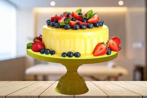 Image of Yellow Metal Cake Stand Pedestal | Round Non-Revolving 9 inch Diameter by 5 inch Height Dessert Display | Sturdy Cake Holder for Birthday, Wedding, Anniversary & Party Decor