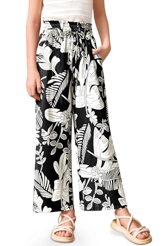 Image of Girls Summer Floral Wide Leg Pants High Waisted Flowy Dress Trousers with Pockets for School Lounge Beach 5-14 Years