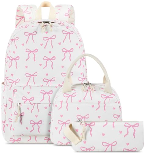 LOIDOU Mochila Escolar Feminina 3 Em 1, Mochila Impermeável com Lancheira E Estojo, Mochila Leve para Crianças do Ensino Fundamental E Médio, Lindo Laço Rosa - Presente Ideal para Adolescentes