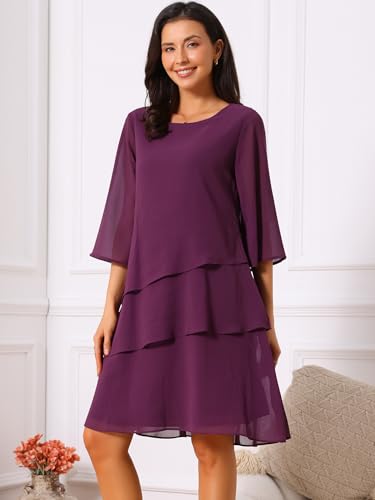 Image of Seta T Women's Chiffon Dresses 3 /4 Bell Sleeve Crewneck Tiered Layered Flowy Dress Party Wedding Outfits