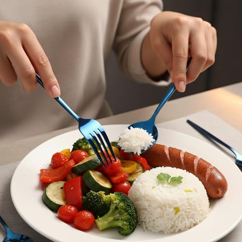 Image of 5 Pcs Blue Cutlery Set for Dining Table the Perfect Lightweight Silim Handle Tableware Including Dinner Spoon, Dinner Fork, Dinner Knife, Dessert Spoon & Dessert Fork