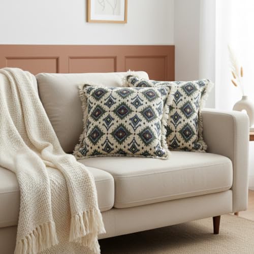 Image of Cotton Cushion Covers 16x16 Inch | Set of 2 | Handwoven Printed White Decorative Square Cushion Case with Fringe | Sofa, Living Room, Bedroom, Diwan Home Decor Throw Cushion Cover
