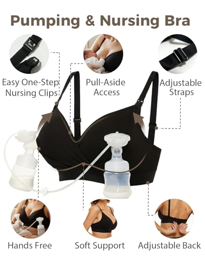 Image of Pumping Bra Hands Free Adjustable V Neck Nursing and Pumping Bra with Nursing Pads Holding Breast Pumps