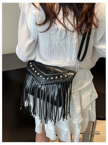 MakeMeChic Women's Faux Leather Crossbody Bags Flap Fringe Rivet Y2K Clutch Handbag3