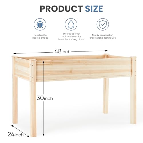 Image of DUMOS Raised Garden Bed with Legs, 48x24x30in Wood Elevated Planter Box w /Bed Liner for Herbs Flowers Vegetables, 300lbs Capacity Outdoor Gardening Planters for Patio Balcony Backyard, Natural Wood