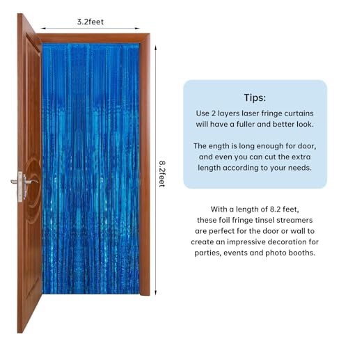 Image of 2 Pack 3.3 x 8.2 ft Tinsel Foil Fringe Curtain Backdrop, Upgraded Blue Glitter Metallic Streamers Backdrop Curtains for Birthday Parties, Baby Shower, Under the sea, Ocean Mermaid Party Decorations