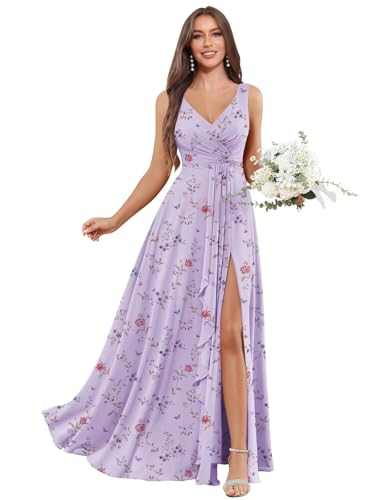 Image of BOLENSYE Bridesmaid Dresses Long Ruched Ruffles Chiffon A Line Evening Party Gown with Pockets Slit