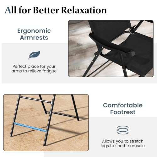 Image of COSTWAY 2 Pieces Patio Folding Bar Chairs with Metal Frame, Footrest, Arms | Outdoor Counter Height Bar Stools with High Backrest, High Top Chairs for Balcony, Garden, Deck, Porch & Poolside (Black)