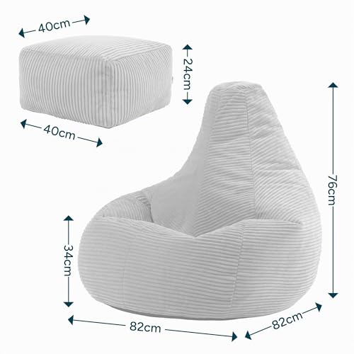 Icon Dalton Sitzsack mit Hocker Cord, Grau, Gaming Sitzsack Erwachsene mit Füllung, Bean Bag...