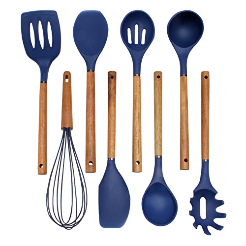 Country Kitchen Utensili da cucina in silicone, set di 8 utensili da cucina in legno, facili da pulire, utensili da cucina per pentole antiaderenti, utensili da cucina e set di spatole, blu navy