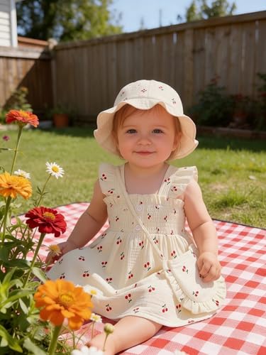 Vibebox Baby Girl Dresses 12-18 Months Ruffle Sleeveless Button Clothes 1 Year Old Birthday Gifts Toddler Girls Beige Cherries Summer Beach Garden Party Wedding Casual Dress with Cute Hat and Bag - Thumbnail 2