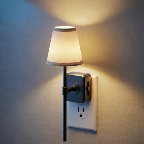 Image of JandCase Night Lights Plug into Wall, Vintage Nightlights, Dusk to Dawn Sensor, 0-100LM Dimmable, Pleated Fabric Beige Lamp for Living Room Bedroom Hallway