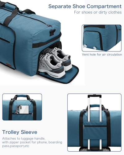 Image of Urtala Travel Duffel Bag for Women & Men, Large Foldable Overnight Weekender Bag with Shoes Compartment & Shoulder Strap, Lightweight Waterproof Luggage Bag, Light Blue, 100L, Expandable Duffle Bag