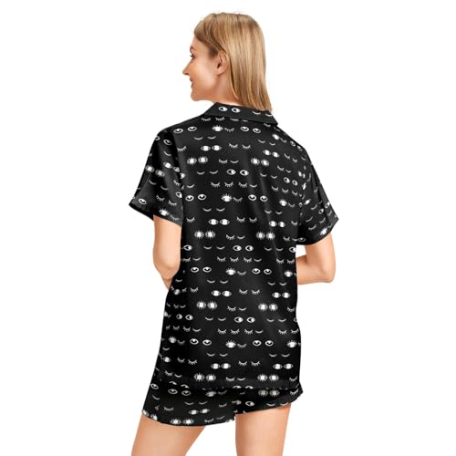 Image of Funny Pajamas for Women Set Print Satin Loungewear Pjs Short Sleeve Button Down Top and Shorts Sets Sleepwear XS-3XL
