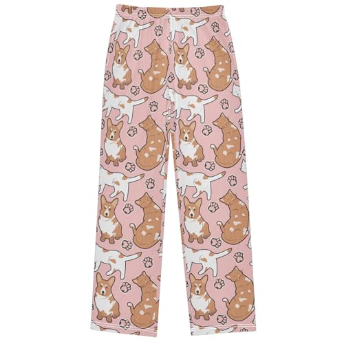 Boy's Pj Pants Corgi Dog Cat Paw Print Pink Lounge Bottoms Elastic Waist Kids Joggers with Pockets Size 6-14