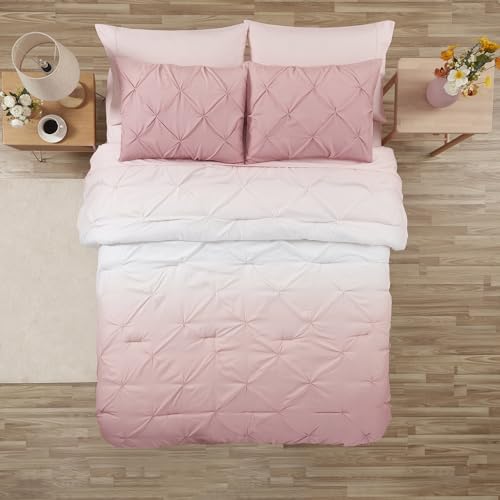 7 Piece Comforter Set Bed in a Bag Ombre Pintuck Design All Season Soft Down Alternative Bedding Comforter Set & Luxurious Matching Bed Sheets & Pillow Shams, Ombre Pintuck Blush, Full