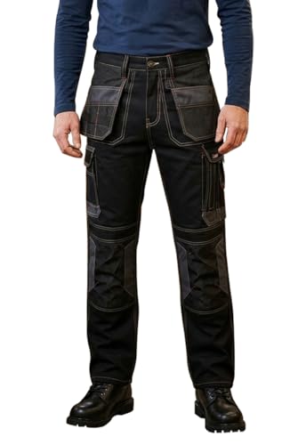 STRUD FIT Work Trousers Men Heavy Duty Polycotton Cargo Pants with Holster, Knee Pad Pockets Reflective Strips Durable Triple Stitch Safety Workwear (BLACK-38WX32L)