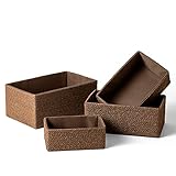 Paper Rope Woven Storage Basket Set of 4 with Fabric Liner, Stackable Multipurpose Organizer Bin, Brown