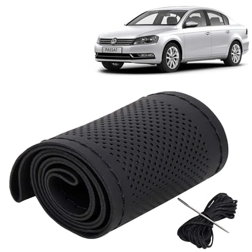 Image of KINGSWAY PU Leatherite Car Steering Cover Sewable Compatible with Volkswagen Passat (Year 2015 Onwards), Black Color with Black Thread, Pack of 1 with Sewing Needle and Thread