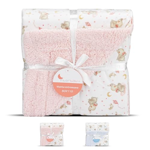 Interbaby - Manta Bebe Recien Nacido | Mantita Bebe 100% Poliéster, Terciopelo, Suave, Cómoda, Cálida | Manta Meses Bebe 80x110cm, Unisex, para Cunas, Carritos | Elefante + Borreguillo Rosa