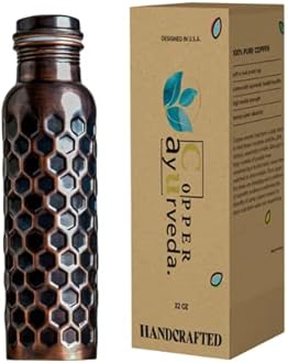 Copper Water Bottle, 32oz, Antique Black Diamond, Ayurvedic Water Bottle with Lid, for Hiking, Camping, Home, Office, Gym, Travel, Outdoor Activities
