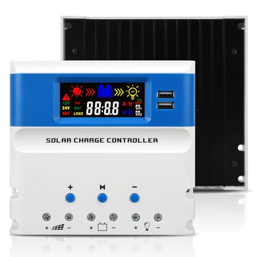 VIXKPIRR 60A PWM Controlador de Carga Solar 12V/24V/48V Automático, Regulador de Carga Solar 60A para Panel Solar Pantalla LCD Puerto USB, 12V/24V/48V Regulador Solar Panel para Batería GEL/SLD/FLD/LI