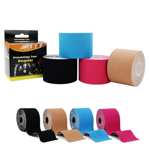 4巻セット 弾性スポーツテープ - 関節・筋肉サポート用 肌に優しい 低刺激 防水 伸縮性 プレカット済み キネシオロジーテープ スポーツテーピング 男女兼用 (5cm×5m) 膝 肩 手首 足首対応