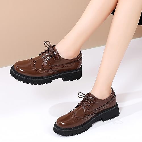 Image of Womens Vintage Oxford Shoes Platform Lace-up Round Toe Patent Leather Brogues Casual Oxfords for Girls Ladies Women