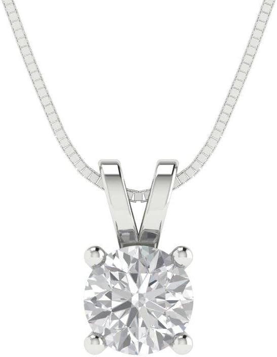 Clara Pucci 14K White Gold Plated Solitaire 18" Box-Chain Necklace - Sterling Silver 0.5ct Round Cut Diamond Pendant